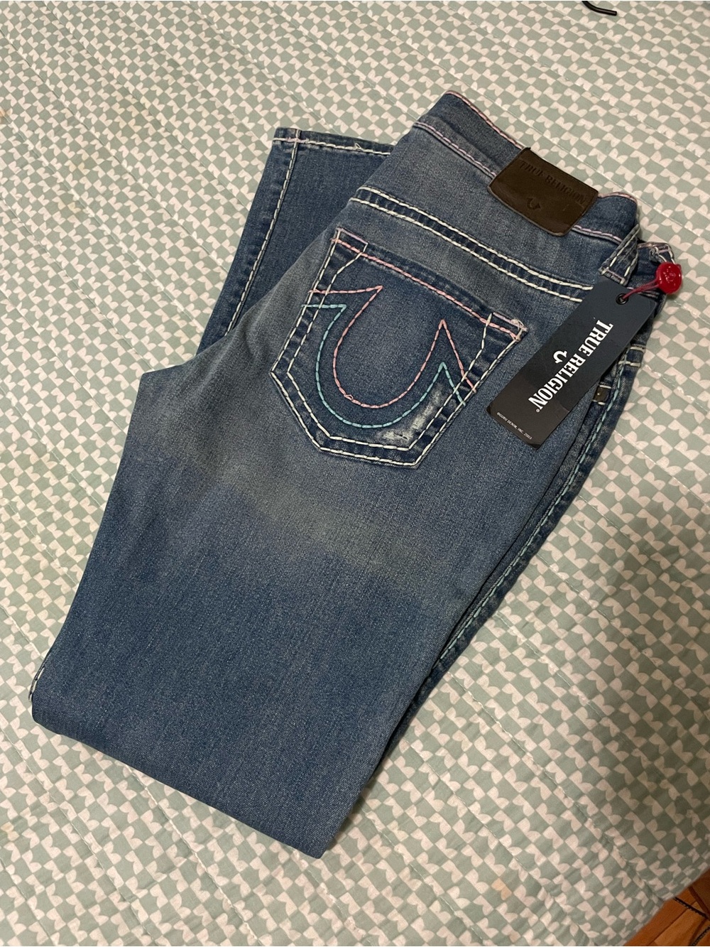 True Religion Blue Denim Jeans with Contrasting Pastel Pocket Stitching